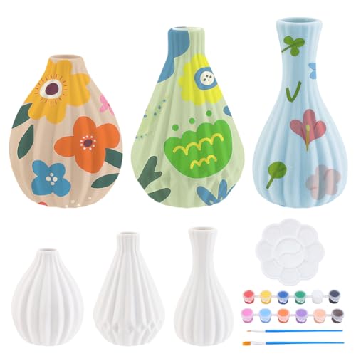 WEBEEDY 3 Set Keramik Vase Malset Bemale Deine Eigene Weiß Gestreifte Keramikvase Erwachsene Keramikmalset Beinhaltet Farben Pinsel Und Anleitung Für Anfänger von WEBEEDY