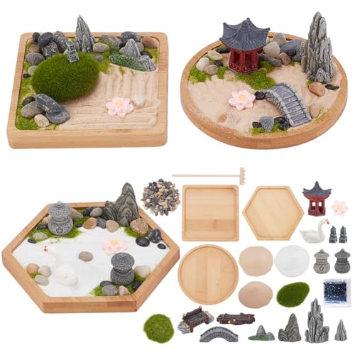 WEBEEDY 3 Set Mini Zen Garten Kit Sand Tablett Kit Japanischer Sandgarten Für Den Schreibtisch Mit Bambus Tablett Miniatur Steingarten Geschenkset Für Zuhause Büro Schreibtisch Entspannung Meditation von WEBEEDY