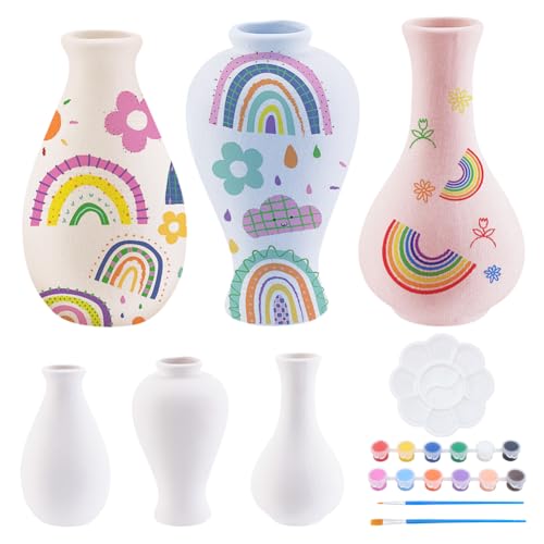 WEBEEDY 3 Set Regenbogenfarben Keramik Vase Malset Unbemalte Weiße Keramikvase Für Erwachsene Anfänger Bemale Deine Eigene Vase Mit Farbe Und Pinseln (3 Formen) von WEBEEDY