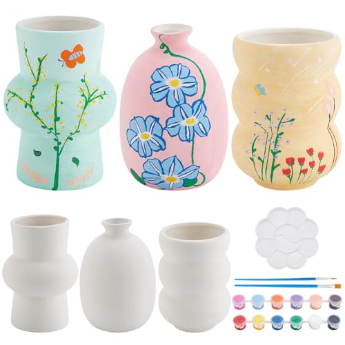 WEBEEDY 3 Set Vasentöpferei Malset Keramikmalset Für Erwachsene Bemale Deine Eigene Vase Unbemalte Weiße Vase Für Kunstmalerei Party Geburtstag (3 Formen) von WEBEEDY