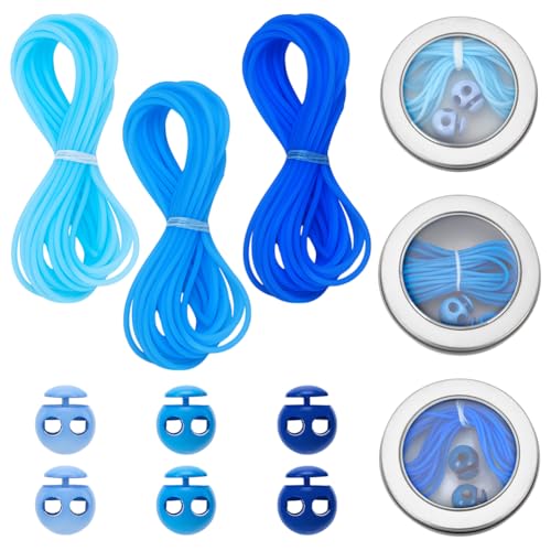 WEBEEDY 3 Sets 3 Farben Strick Barber Schnüre Und 2 Loch Kunststoff Kordelstopper Mit Aufbewahrungsbox Blauer Maschenhalter Schnur Maschenmarkierer Stricknadelstopper Für Strickhandwerk von WEBEEDY