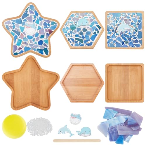 WEBEEDY 3 Stil DIY Mosaik-Bastelset Ozeanblaue Glasmosaikfliesenstücke Meer Strand Tierthema Mosaik Bambus-Untersetzer-Kits Mit Leerem Bodentablett Für Handgefertigte Kunst-Heimdekoration von WEBEEDY