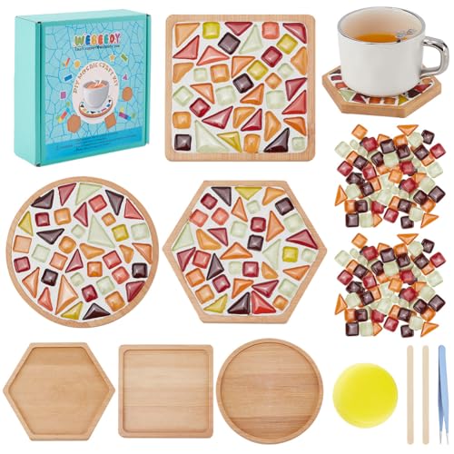 WEBEEDY 3 stellt DIY Mosaik-Untersetzer-Set Bunt Mosaik-Set Mit Bambus-Untersetzer Für Thanksgiving Glasmosaikfliesen Mit Anleitung Für Bastelparty-Dekor Handgemachte Geschenke, Passen Auf alle Tassen von WEBEEDY