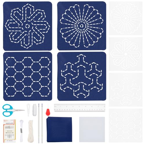 WEBEEDY 4 Set Sashiko Vorlagen Untersetzer Kit Für Erwachsene Anfänger Sashiko Stickerei Set Inklusive Sashiko Acrylschablone Sashiko Nadel Sashiko Garn Und Anleitung von WEBEEDY