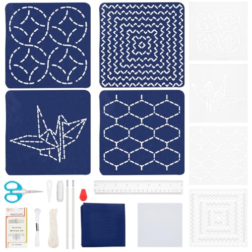WEBEEDY 4 Set Sashiko Vorlagen Untersetzer Kit Mit Anleitungen Für Anfänger DIY Traditionelles Japanisches Sashiko Set Stickereiübungs Thimble Nähset Sashiko Acryl Schablone Für Erwachsene von WEBEEDY