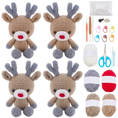 WEBEEDY 4 Sets Weihnachts-Rentier-Häkelset für Anfänger, niedliches Tier-Häkel-Starter-Set mit Anleitung (evtl. nicht in deutscher Sprache), 5 Farben Garne, Bastelset, Strickzubehör für von WEBEEDY