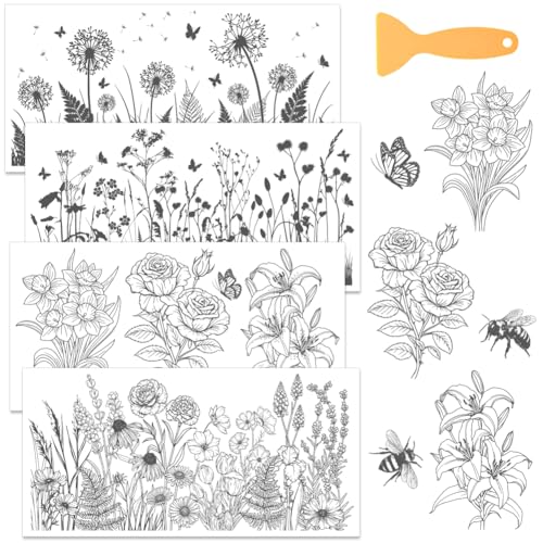WEBEEDY 4 Stil Schwarz Weiße Blumen Rub On Transfers Für Möbelhandwerk Vintage Löwenzahn Möbelabziehbilder Rub On Transferaufkleber Für Holz Fensterdekoration 15x30cm von WEBEEDY
