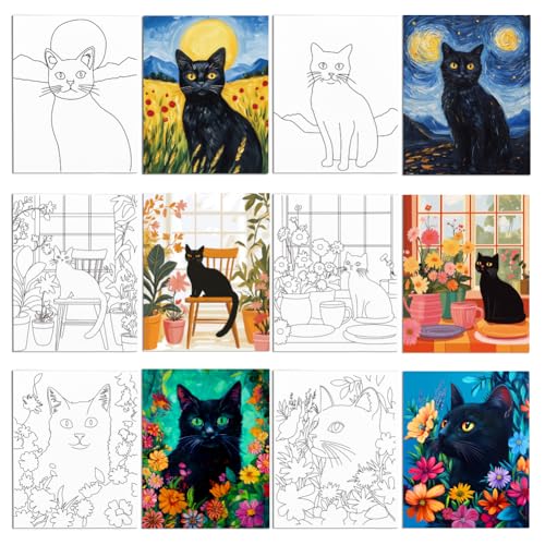 WEBEEDY 6 Pack Vorgezeichnete Leinwandmalerei Set Schwarze Katze Blumen Vorgedruckte Leinwand 1cm DIY Tiermalerei Leinwandpaneele Für Erwachsene Sip Und Malparty Zubehör von WEBEEDY