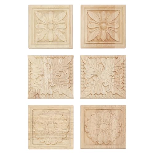 WEBEEDY 6 Stk. Holz Applikationen 3 Stile Holzgeschnitzte Ornamente 8x8cm Quadratische Holzgeschnitzte Applikationen Aufkleber Blumenmuster Unbemalte Holzapplikationen Für Möbeldekoration von WEBEEDY