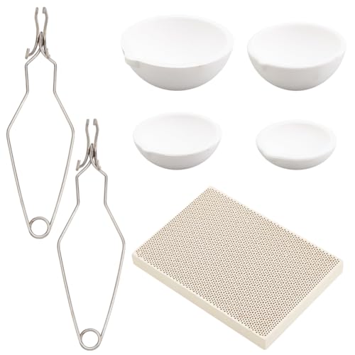 WEBEEDY 7-Teiliges Kleines Schmelztiegel-Set Für Schmuck Aus Silbernem Metall Mit 4 Stück Keramik-Quarz-Tiegelschüssel, Teller, Tasse, Topf, 2 Stück Peitschenzangengriff Zum Schmelzen, Gießen von WEBEEDY