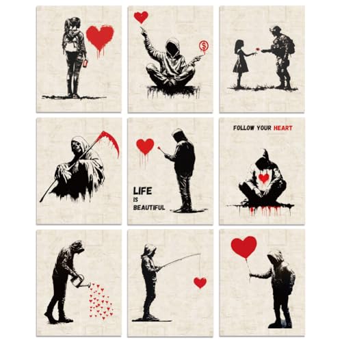 WEBEEDY 9 Styles Banksy Wandkunst Vintage Rote Herzdrucke Mit Für Wanddekor Ästhetische Graffiti Poster Boho Ungerahmte Leinwand Wandkunst Für Zimmer Büro Heimdekoration 20x25cm von WEBEEDY