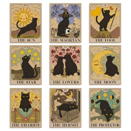 WEBEEDY 9 Styles Schwarze Katze Wanddekoration Katze Tarot Drucke Sonne Mond Stern Wandkunstdrucke Hexen Wanddekoration Poster für Büro Heimdekoration, ungerahmt, 20x25cm von WEBEEDY