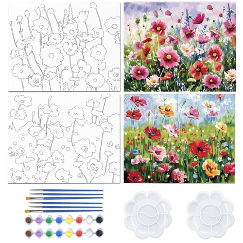 WEBEEDY Bedruckte Leinwand Malerei Set Sommerblume Vorgezeichnete Leinwand Vorgezeichnete Gerahmte Leinwände Set für Erwachsene Date Night Sip and Paint Party,2 Pack 20x25cm(Pflanze) von WEBEEDY