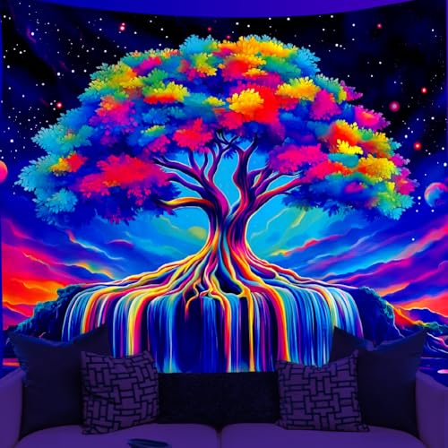 WEBEEDY Buntes Baum Des Lebens UV Reaktives Wandteppich Leuchten Im Dunkeln Sternenhimmel Weltraum Wandbehang Ästhetische Wasserfall Schwarzlicht Poster Für Raumdekoration (150x130cm) von WEBEEDY