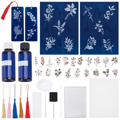 WEBEEDY Cyanotype Set Blumen Blätter Cyanotypie Papier Sonnenkunstpapiere Set Enthält 30 Blätter A5 Papier 2 Komponenten Sensibilisator Set Werkzeuge Und Anleitung Für Erwachsene Anfänger von WEBEEDY