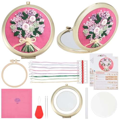 WEBEEDY DIY Faltbarer Spiegel Set Mini Blumenstrauß Schminkspiegel Für Anfänger In Der Nähkunst Handnäh Kreuzstich Set Mit Gestempeltem Musterstoff Stickrahmen Faden von WEBEEDY