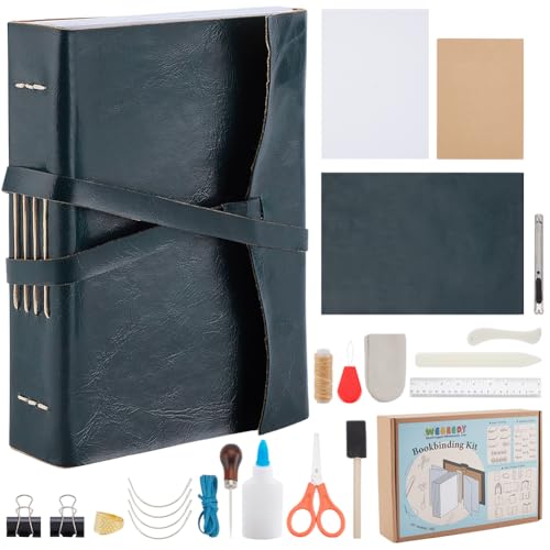 WEBEEDY DIY Grünes Leder Buchbindeset Komplettes Buchbindewerkzeugset mit Buchbindepapier, Gewachstem Garn, Nähnadeln und Anleitung für Anfänger, 10X15cm(A6) von WEBEEDY