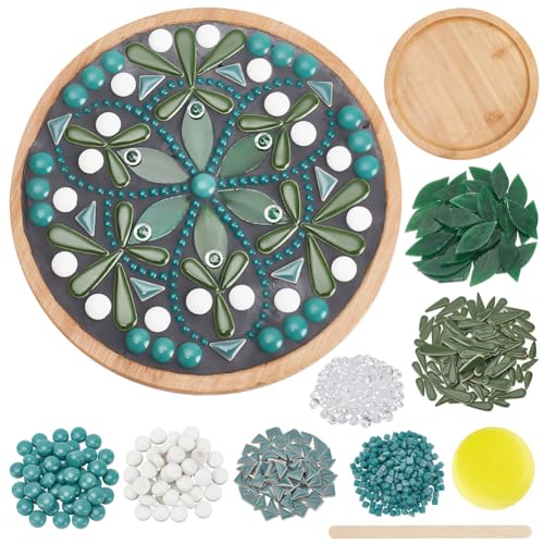 WEBEEDY DIY Keramik-Mosaik-Set Blumen-Mosaik Bambus-Untersetzer-Sets Für Erwachsene Anfänger Grüne Glas-Mosaikfliesen Mit Bambus-Untersetzer-Basis Für Handgefertigte Mosaikuntersetzer von WEBEEDY
