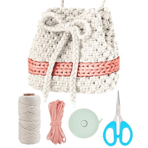 WEBEEDY DIY Makramee Eimer Taschen Set Boho Makramee Taschen Bastelset Für Erwachsene Anfänger Mit Videoanleitung DIY verstellbare Eimertasche Für Urlaubsstranddekoration (Beige & Pink) von WEBEEDY