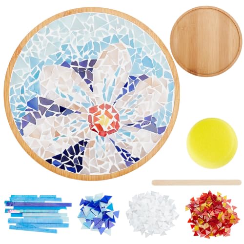 WEBEEDY DIY Mosaik-Bastelset Blumenmosaik Bambus-Untersetzer-Sets Für Erwachsene Anfänger Glasmosaikfliesen Im Blauen Stil Mit Rundem Untersetzersockel Für Handgefertigte Mosaikuntersetzer von WEBEEDY
