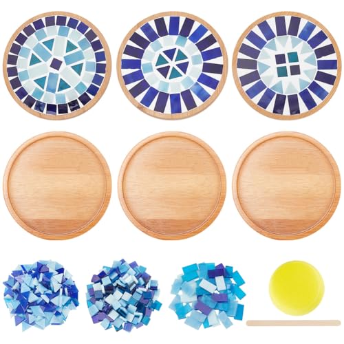 WEBEEDY 3 Set DIY Mosaik Craft Kit Evil Eye Decor Mosaik Bambus Untersetzer Kits für Erwachsene Anfänger, Blaue Glas Mosaik Fliesen Stücke mit leerem Base Tablett für Handgemachte Kunst Home Decor von WEBEEDY