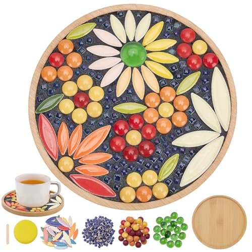WEBEEDY DIY Mosaikfliesen Untersetzer Set Blumenmotiv Mosaik Untersetzer Bastelset Mit Anleitung Für Erwachsene Anfänger 15.5cm Kreis Mosaik Untersetzer Für Getränke Tablett von WEBEEDY