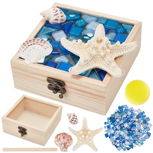 WEBEEDY DIY Muschel-Box Mosaik-Behälter Buntglas-Set Mosaik-Material Kunsthandwerk Für Erwachsene Blaues Strand-Thema Glas-Mosaikfliesen Mit Holzbox Für Handgefertigte Kunst Heimdekoration von WEBEEDY