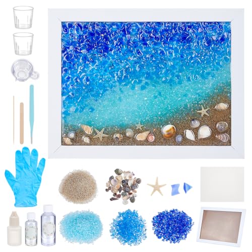 WEBEEDY DIY Resin Seeglas Kunstset Resin Sea Glass Beach Frame Making Kit Mit Anleitung Für Erwachsene Anfänger DIY Mosaik Kunst Kit Für Schreibtischfenster Wohnkultur (15x20cm) von WEBEEDY