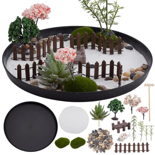 WEBEEDY DIY Rundes Zen Garten Set Mini Japanischer Sandgarten Für Den Schreibtisch Tischplatte Felsen Sand Meditierender Zen Sandkasten Für Erwachsene Büro Schreibtisch Zen Dekor 22.6x22.6cm von WEBEEDY