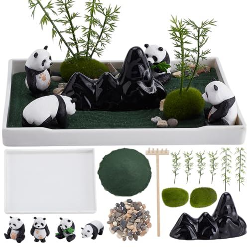 WEBEEDY Die Mini Zen Garten Kit DIY Panda Sand Tablett Kit für Desktop-Sandkasten, 20,4x10,2 cm Crafted Meditation Rechteck Tablett Miniatur Meditation Stein Ornamente Japanisch Desktop Decor von WEBEEDY