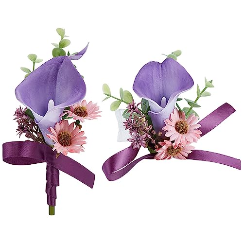 WEBEEDY Handgelenk Corsage und Boutonniere Set lila Kunstblume für Hochzeit Prom Party Heimkehr Feier Braut Handgelenk Corsage für Hochzeit Party von WEBEEDY