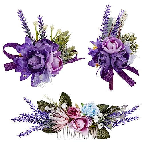 WEBEEDY Handgelenk Corsage und Boutonniere Set lila Kunstblume für Hochzeit Prom Party Heimkehr Feier Braut Handgelenk Corsage für Hochzeit Party von WEBEEDY