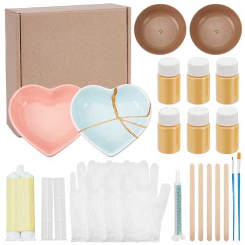WEBEEDY Kintsugi Reparaturset Gold 24 Stück Japanisches Keramikreparaturset Mit Übungskeramik Und Lebensmittelechtem Kleber Zur Reparatur Ihrer Bedeutungsvollen Zerbrochenen Keramikglas von WEBEEDY