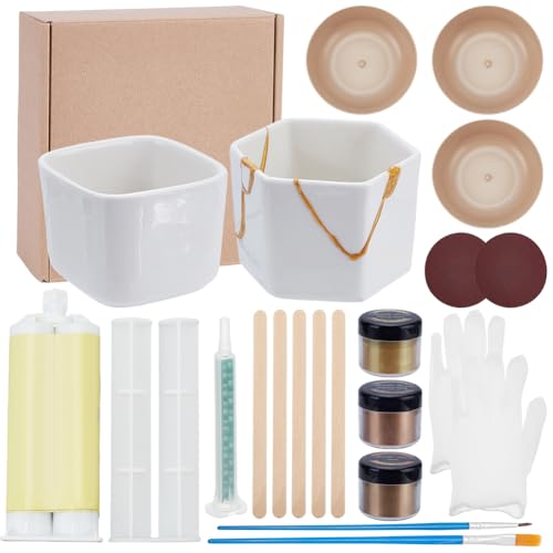 WEBEEDY Kintsugi Reparaturset Gold Lebensmittelecht 60g Mica Pulver 2 Keramik Übungsschalen 50ml Kleber Für Anfänger Keramik Und Porzellan Reparatur DIY Kunst Sets von WEBEEDY