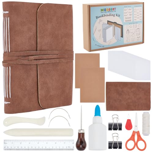 WEBEEDY Leder-Buchbinder-Set zum Selbermachen von A6-Büchern, handgefertigtes Buch-Set mit langen Stichen, Video-Tutorials, Faden, Nadeln, Papier, Papier-Faltwerkzeug für Erwachsene von WEBEEDY