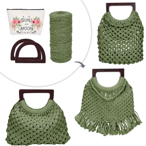 WEBEEDY Macrame Taschen Kits Für Erwachsene Anfänger DIY Holzgriff Geflochtene Tasche Makramee Handtasche Bastelset Mit Anleitung Und Holzgriff Frauen Sommer Stranddeko (Grün) von WEBEEDY