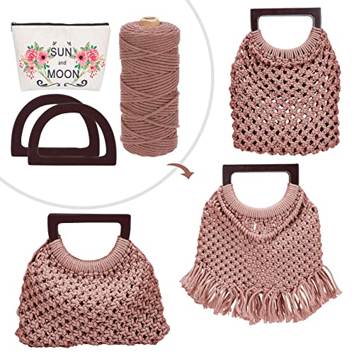 WEBEEDY Makramee Tasche DIY Kit Für Erwachsene Anfänger Boho Makramee Handtasche Mit Holzgriff Handgefertigte Strandtasche Kit Für Frauen/Mädchen Starter DIY Set Geschenke zu Weihnachten(Bräune) von WEBEEDY
