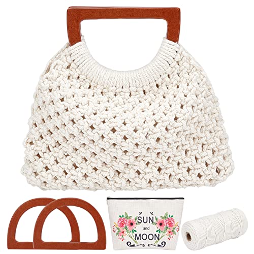 WEBEEDY Makramee Tasche DIY Kit Für Erwachsene Anfänger Boho Makramee Handtasche Mit Holzgriff Handgefertigte Strandtasche Kit Für Frauen/Mädchen Sommer Starter DIY Set Geburtstagsgeschenk (Natur) von WEBEEDY