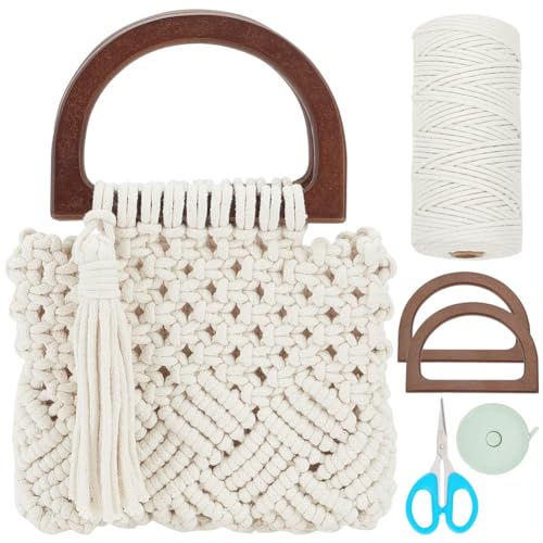 WEBEEDY Makramee-Taschen-Set DIY-Makramee-Fransen-Quasten-Handtaschenherstellungs-Set mit Video Tutorial Boho-Makramee-Einkaufstasche Mit Holzgriff Makramee-Bastelsets Für Urlaub, Stranddekoration von WEBEEDY