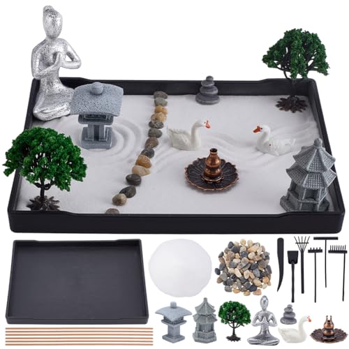 WEBEEDY Mini Zen Garten Set mit Yoga für Schreibtisch Japenese Sand Garden for Home Office Desktop Relaxation,Sand Tray Kit Sandbox Decor Accessories,(21x15.7cm) von WEBEEDY