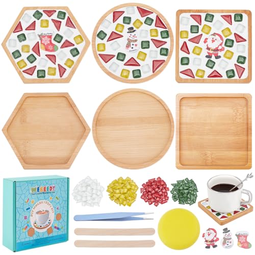 WEBEEDY Mosaik Untersetzer Set Weihnachtsmosaik Schmuckstücke Glasmosaik Mit Bambusuntersetzer DIY Mosaik Untersetzer Bastelset Mit Anleitung Für Erwachsene Anfänger 3 Stück von WEBEEDY