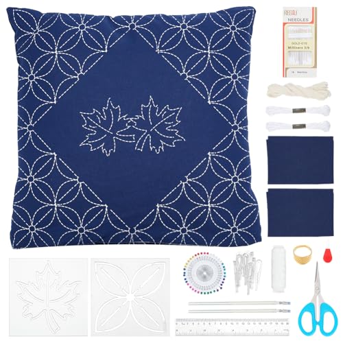 WEBEEDY Sashiko-Kissenbezug-Set, Sashiko-Vorlage, Kissenbezüge, Set mit Anleitung für Erwachsene, Anfänger, japanische Stickerei, Handnähset für Couch, Sofa, Bett, Dekoration, 40 x 40 cm von WEBEEDY