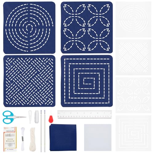 WEBEEDY Sashiko-Vorlagen-Untersetzer-Set, Sashiko-Muster, Untersetzer-Set mit 4 Stilen, Acryl-Vorlagen für Anfänger und Erwachsene, japanisches Untersetzer-Set zum Einzug, 4 Sets von WEBEEDY