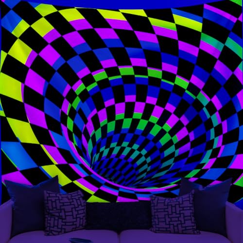 WEBEEDY Schwarzes Licht 3D Wandteppich Für Schlafzimmer Schachbrettmuster 3D Illusion Leuchten Im Dunkeln Wandbehang UV Reaktives Cooles Poster Dekoration Für Zimmer(150x130cm) von WEBEEDY