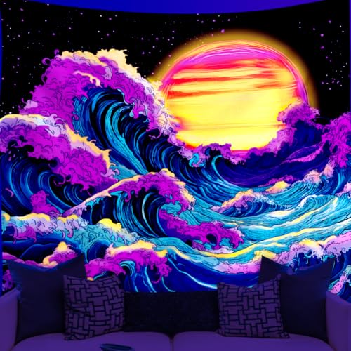 WEBEEDY Schwarzes Licht Ozean Welle Wandteppich Japanische Kanagawa Sonnenuntergang UV Reaktive Kulisse Poster Vintage Ästhetische Wandbehang Wandteppiche Für Schlafzimmer Wohnheim (150x130cm) von WEBEEDY