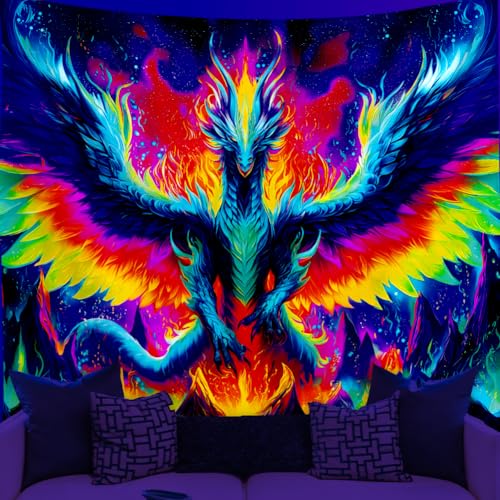WEBEEDY Schwarzlicht Drachen Tapisserie UV Reaktive Blacklight Poster Coole Böse Drachen Wandbehang Hintergrundposter Für Zuhause Fotoaufnahmen Dekorationsprop (150x130cm) von WEBEEDY