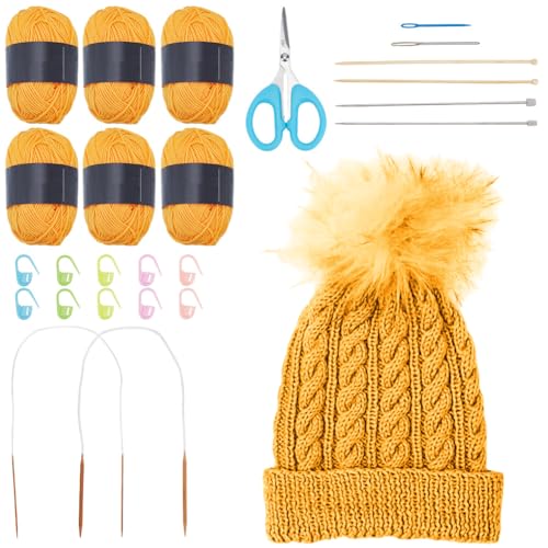 WEBEEDY Strickset Für Anfänger Komplettes Strickset Für Mützen Mit Wolle 6 Stück Stricknadeln Videotutorial Für Erwachsene Nähzubehör Ideales Handgemachtes Geschenk (Gelb) von WEBEEDY