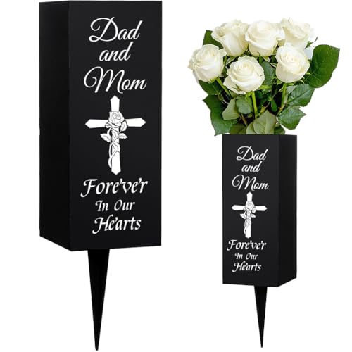 WEBEEDY Vater Und Mutter Friedhofsvasen Eltern Friedhofsdekorationen Für Grab Metallfriedhofsvasen Mit Stacheln Kreuzblumenmuster Schwarz Mitgefühl Friedhofsgedächtnisschild 8x20cm von WEBEEDY