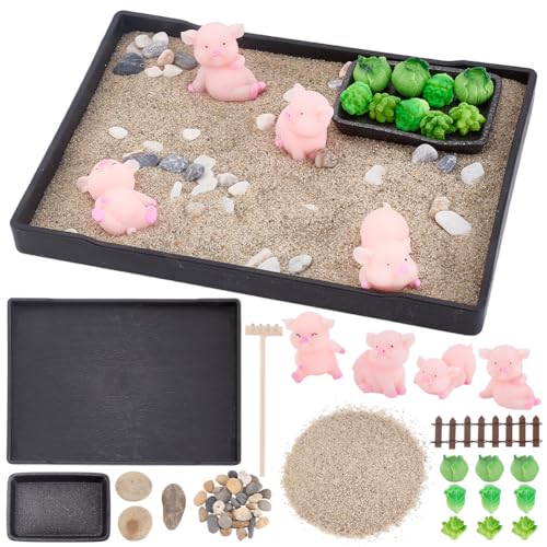 WEBEEDY Zen Garten Set Für Den Schreibtisch Schwein Thema Japanischer Zen Sand Garten Box Dekor Set Mit Tablett Sand Werkzeuge Zur Desktop Meditationsdekoration Rechteckig (21x15.7cm) von WEBEEDY