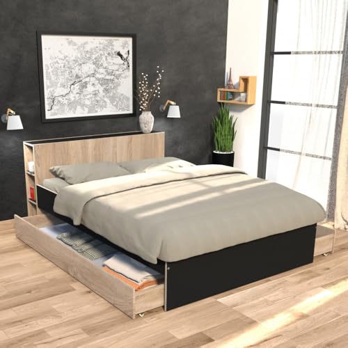 WEBER INDUSTRIES Bett Riga 160 x 200 cm + Kopfteil + 2 Schubladen/Schwarz und Dekor Eiche gebleicht WEBER INDUSTRIES Bett Riga 160 x 200 cm + Kopfteil + 2 Schubladen/Schwarz und Dekor Eiche gebleicht von WEBER INDUSTRIES